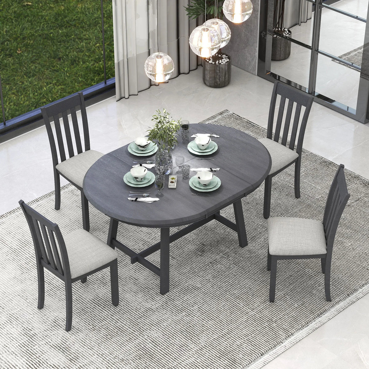 5-Piece Round Extendable Wood Dining Table Set with 4 Chairs F320