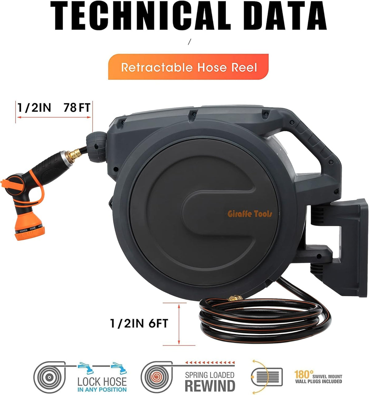 Wall Mounted Retractable Garden Hose Reel with 9 Pattern Hose Nozzle B68624