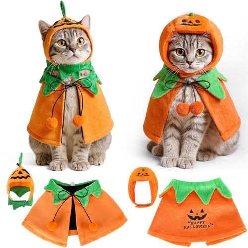 2 Sets Pet Pumpkin Costume Cat Halloween Cloak Hat Set R975