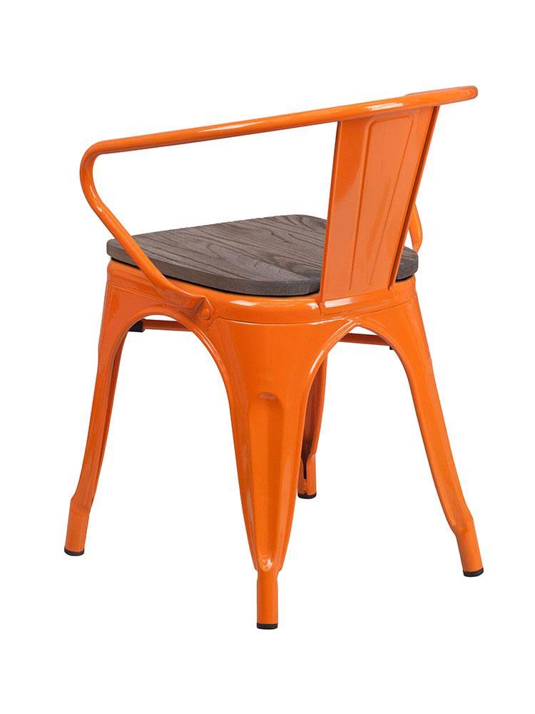 Orange Metal Chair with Wood Seat and Arms E183897