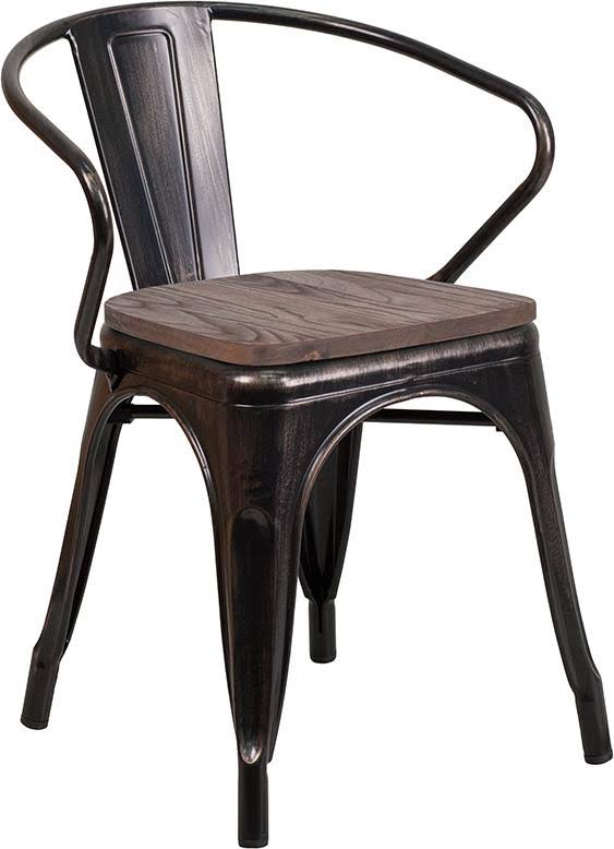 Orange Metal Chair with Wood Seat and Arms E183897