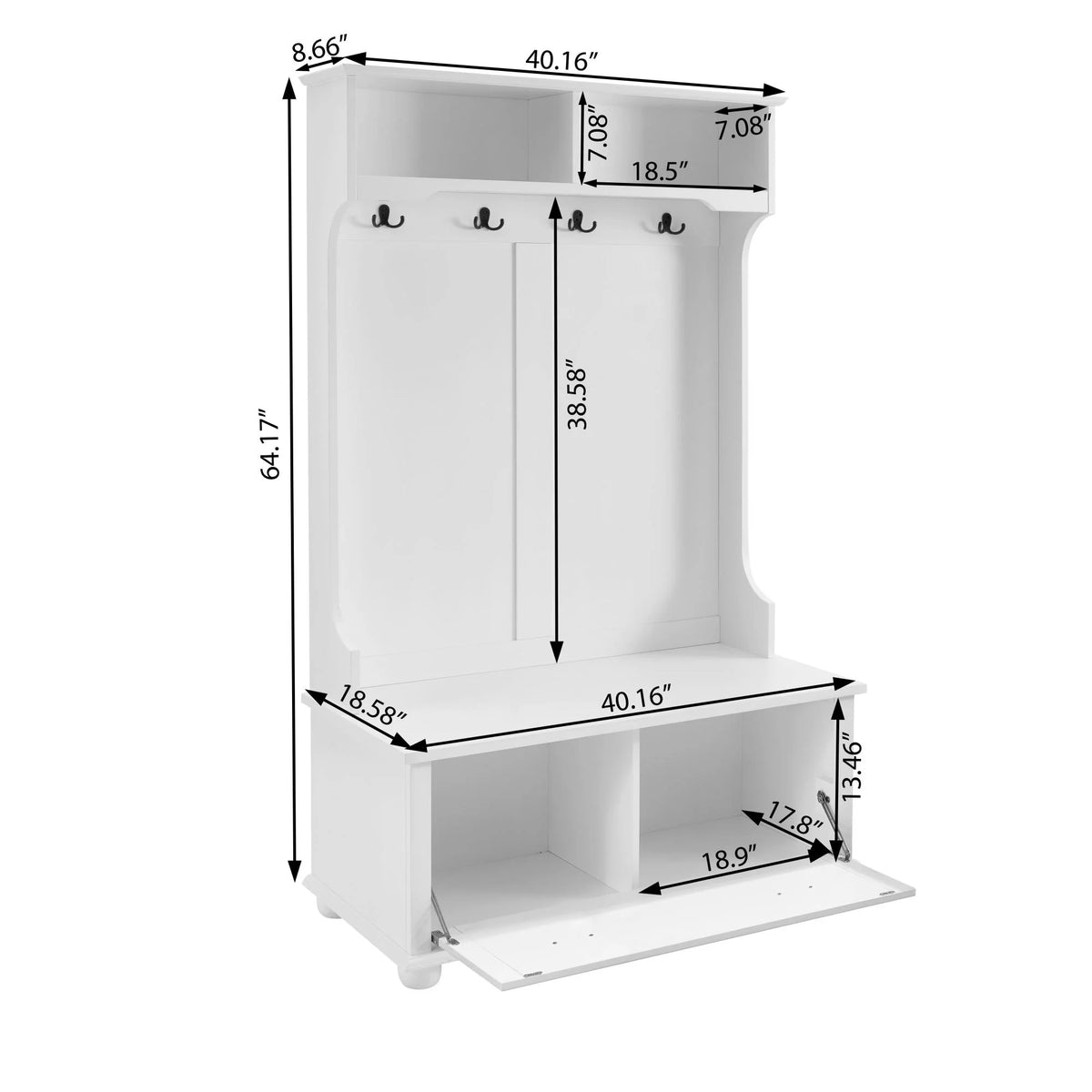 White Hall Tree Bench with Coat Rack and Shoe Cabinet P823