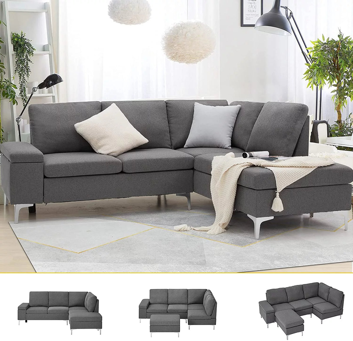 Gray Sectional Sofa with Armrest Storage E3927