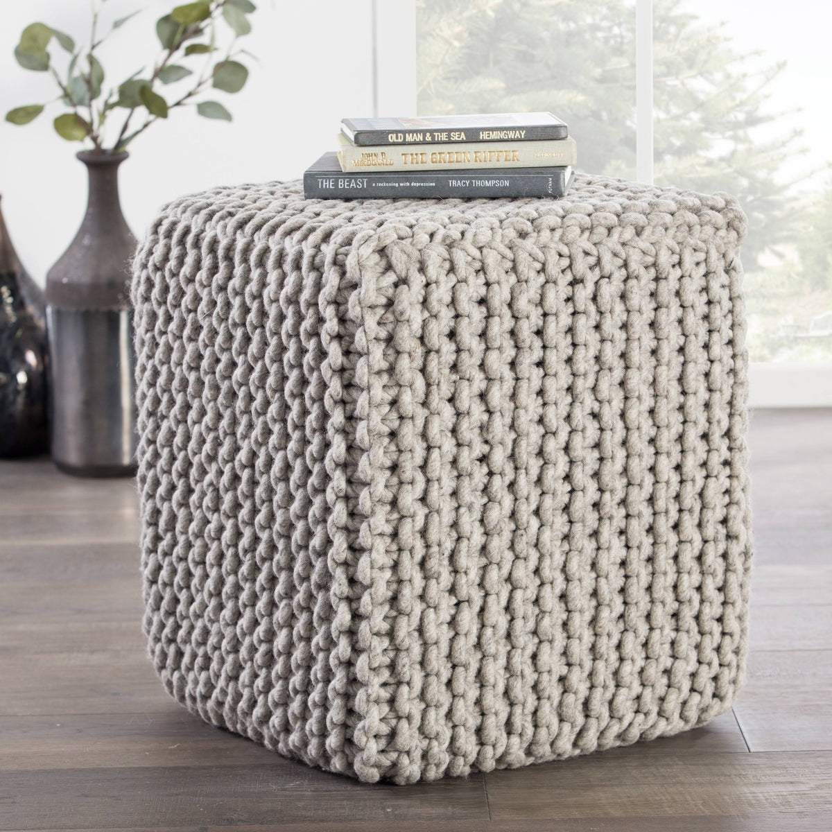 Light Grey Wool Pouf Y135