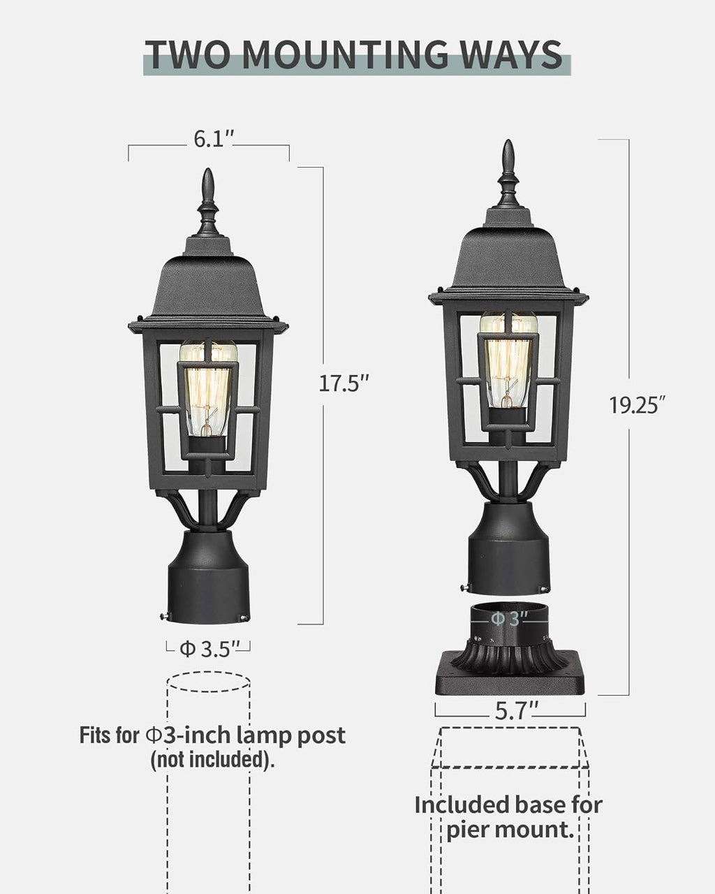 Set of 2 Cast Aluminum Outdoor Post Lights with Pier Mount Adapter E2630