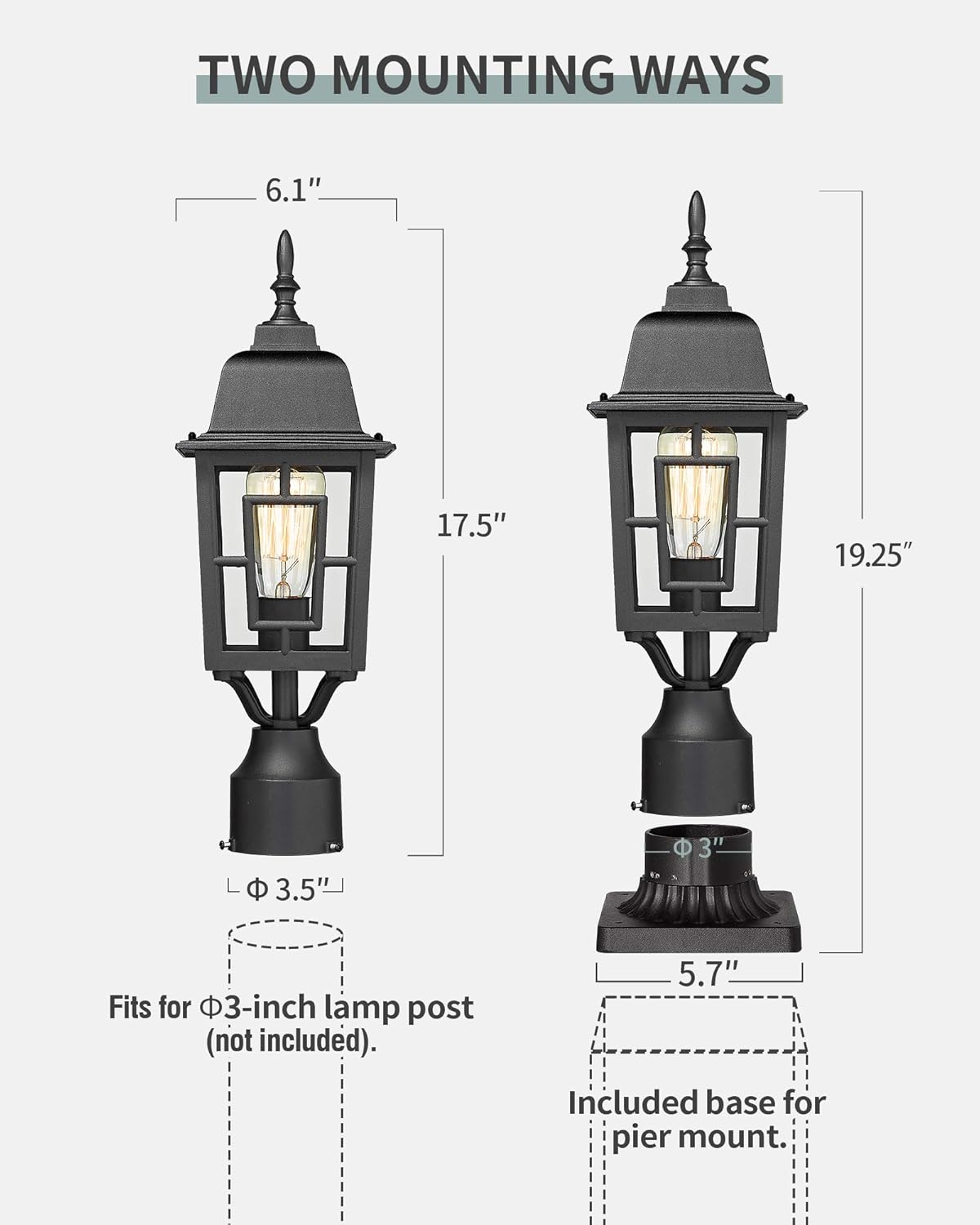 Set of 2 Cast Aluminum Outdoor Post Lights with Pier Mount Adapter E2630