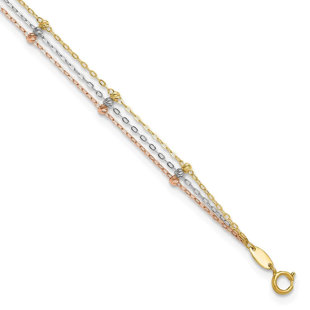 14 Karat Tri-color 3-Strand Beaded Anklet Y7381