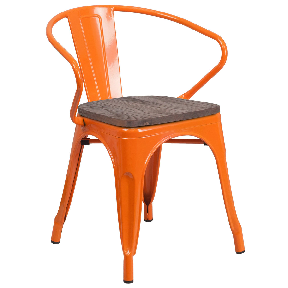 Orange Metal Chair with Wood Seat and Arms E183897