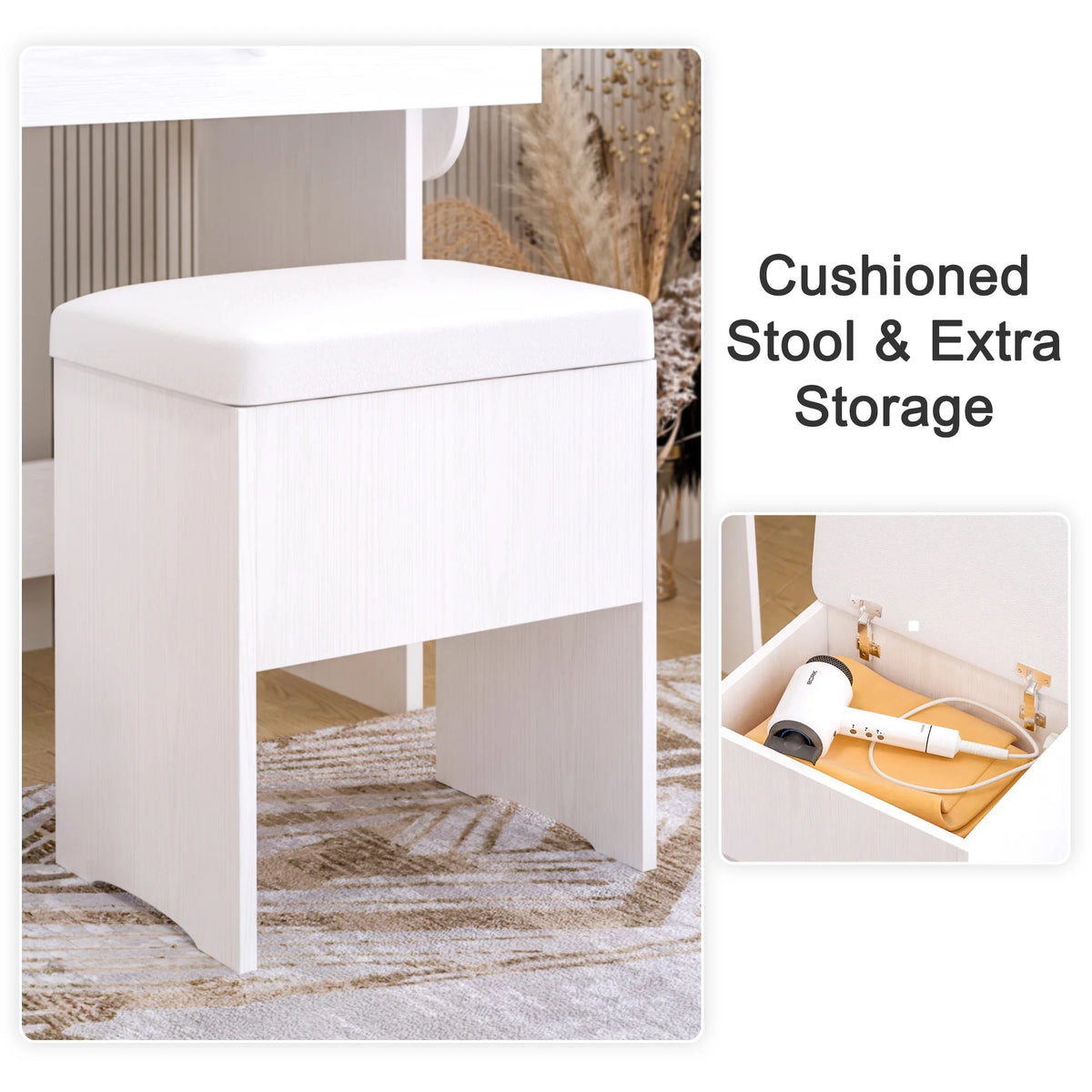 White Vanity Desk with Lighted Mirror and Stool L759521